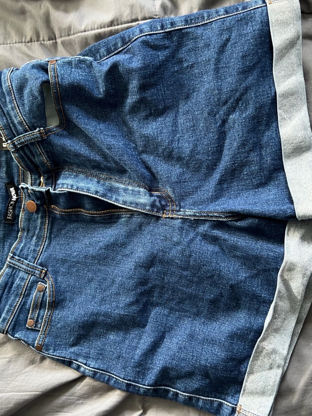 Fashion Nova Medium Blue Denim Shorts with Copper Button